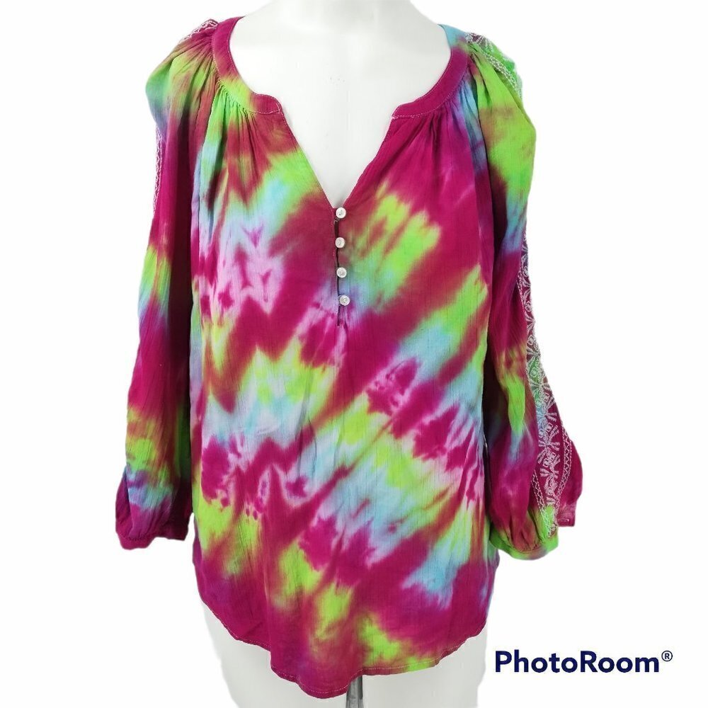 Tie-Dye Peasant Top Size M Embroidered Hippie Boho Shirt Merona OOAK